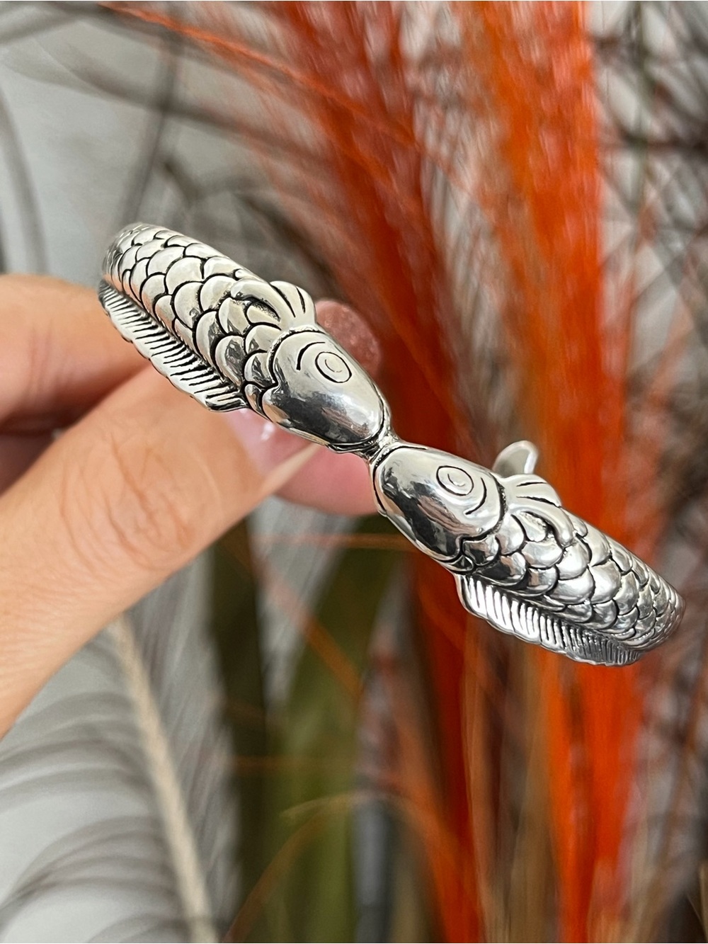 Unique S925 Silver double fish kiss fish cuff bangle Bracelet